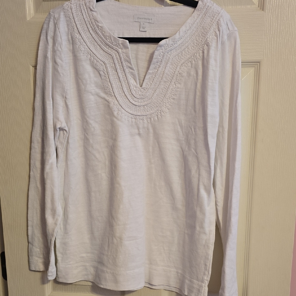 Charter Club Cream Long Sleeve Top with Embroidered Neckline